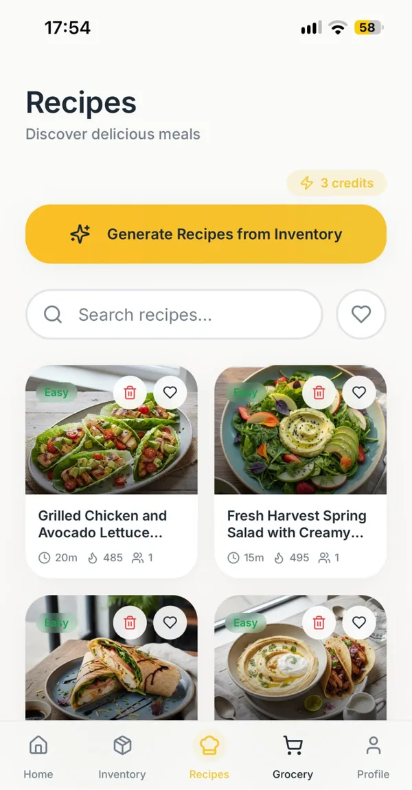 Pawtry app recipes screen preview (in development)